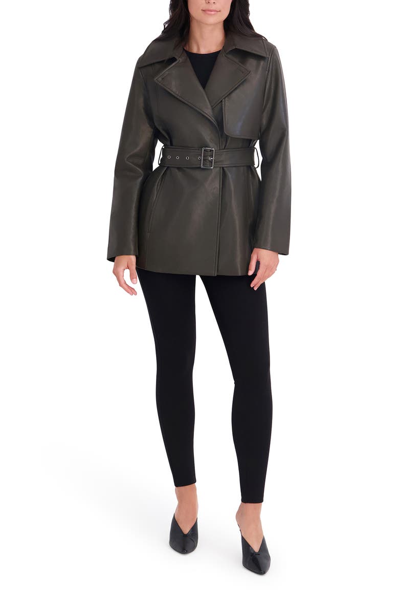Faux Leather Belted Trench Coat, Alternate, color, OLIVE