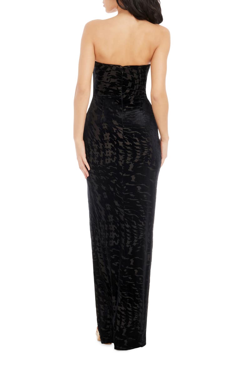 Jasmine Strapless Burnout Velvet Sheath Gown, Alternate, color, BLACK