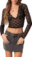 EDIKTED Beck Long Sleeve Sheer Lace Crop Top