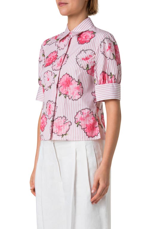 Akris Punto Carnation Print Stripe Short Sleeve Cotton Poplin Button-up Shirt In Cream-pale Pink