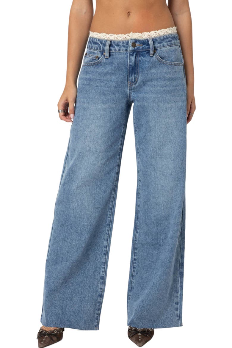 Karlie Lace Trim Low Rise Wide Leg Jeans, Main, color, BLUE