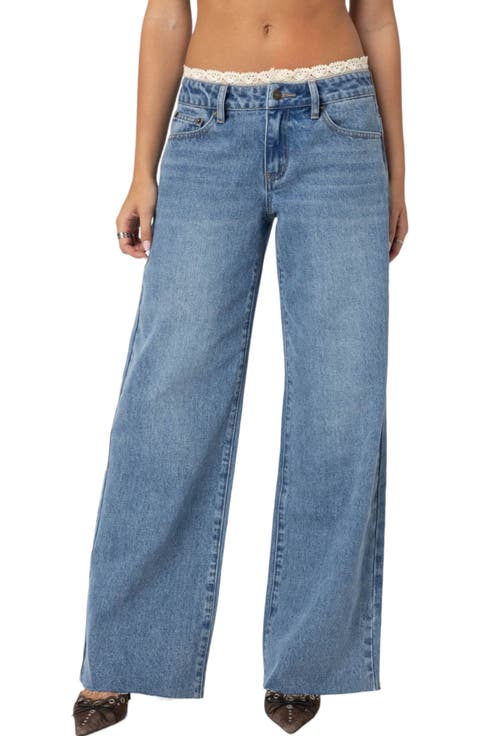 Karlie Lace Trim Low Rise Wide Leg Jeans