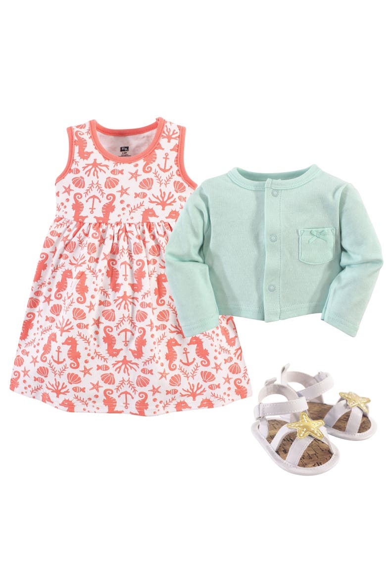 Cotton Dress, Cardigan and Shoe Set, Alternate, color, Sea