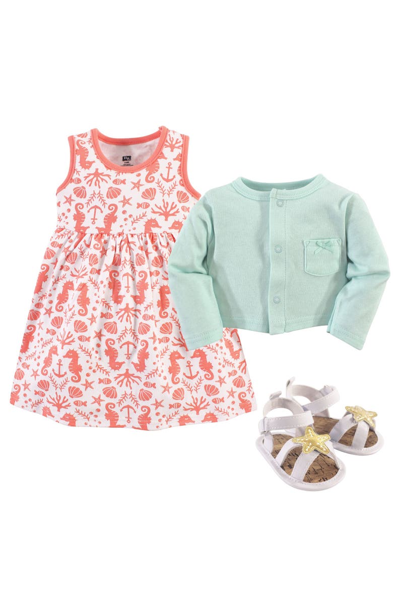Hudson Baby Cotton Dress, Cardigan and Shoe Set, Alternate, color, Sea