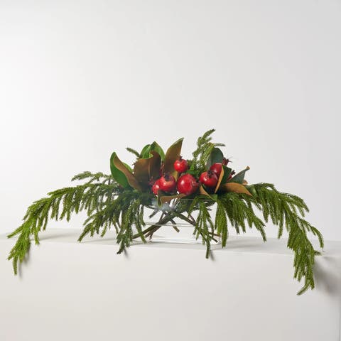 Red Pomegranate, Real Touch Magnolia Leaves, & Norfolk Pine Arrangement