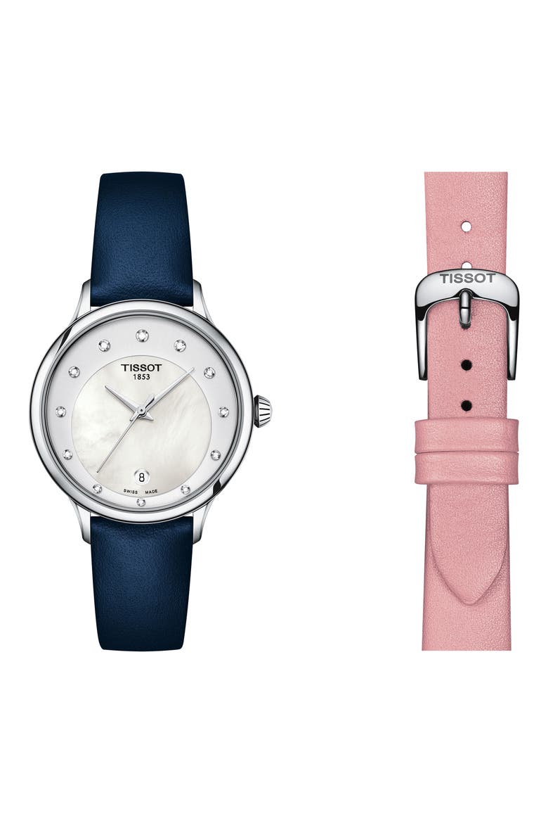 Odaci-T Leather Strap Watch, 33mm, Alternate, color, WHITE MOTHER OF PEARL