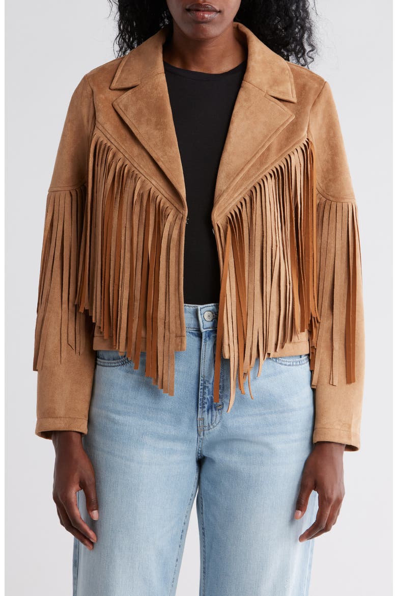 Notch Collar Fringe Crop Jacket, Main, color, CAMEL