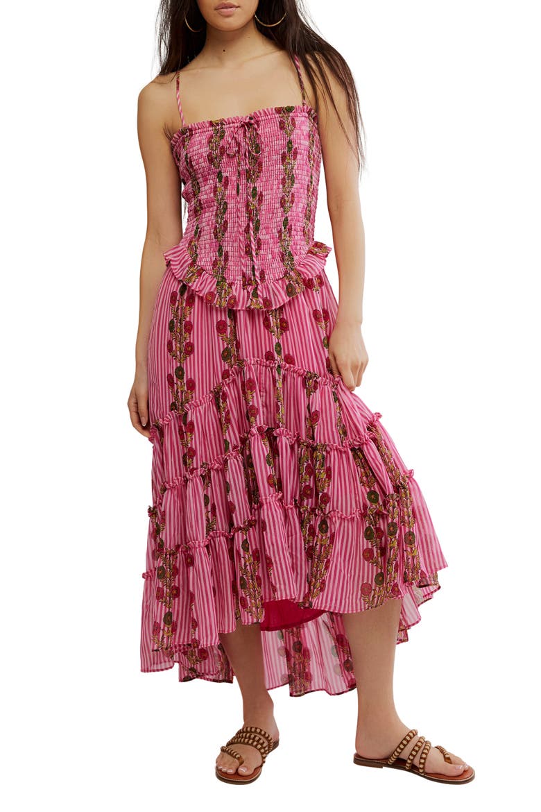 Alejandra Smocked Bodice Tiered Sundress, Main, color, HOT PINK COMBO