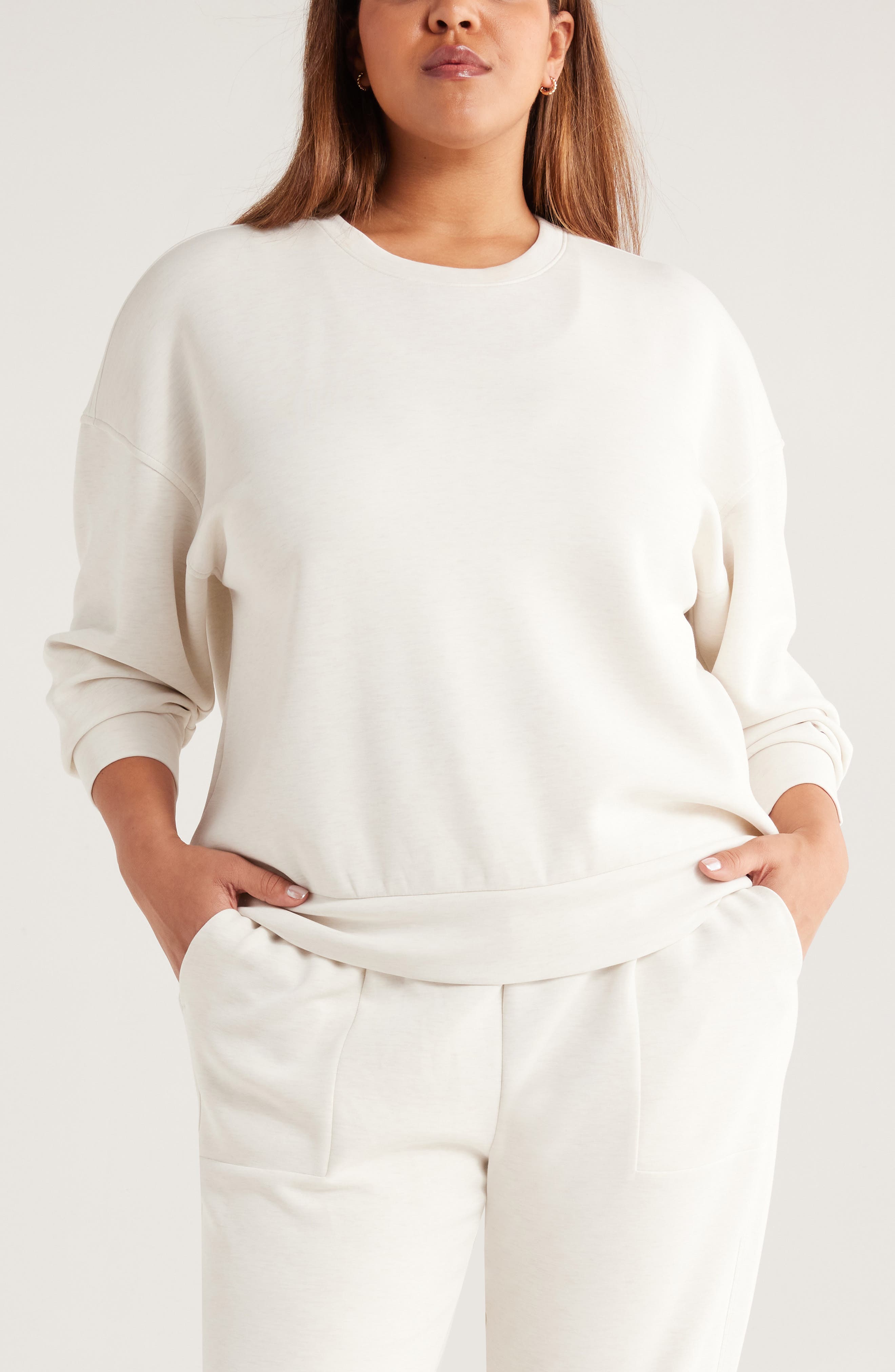 Zella Ultrasoft Boxy Knit Crew Sweatshirt in Beige Ivory Heather 
