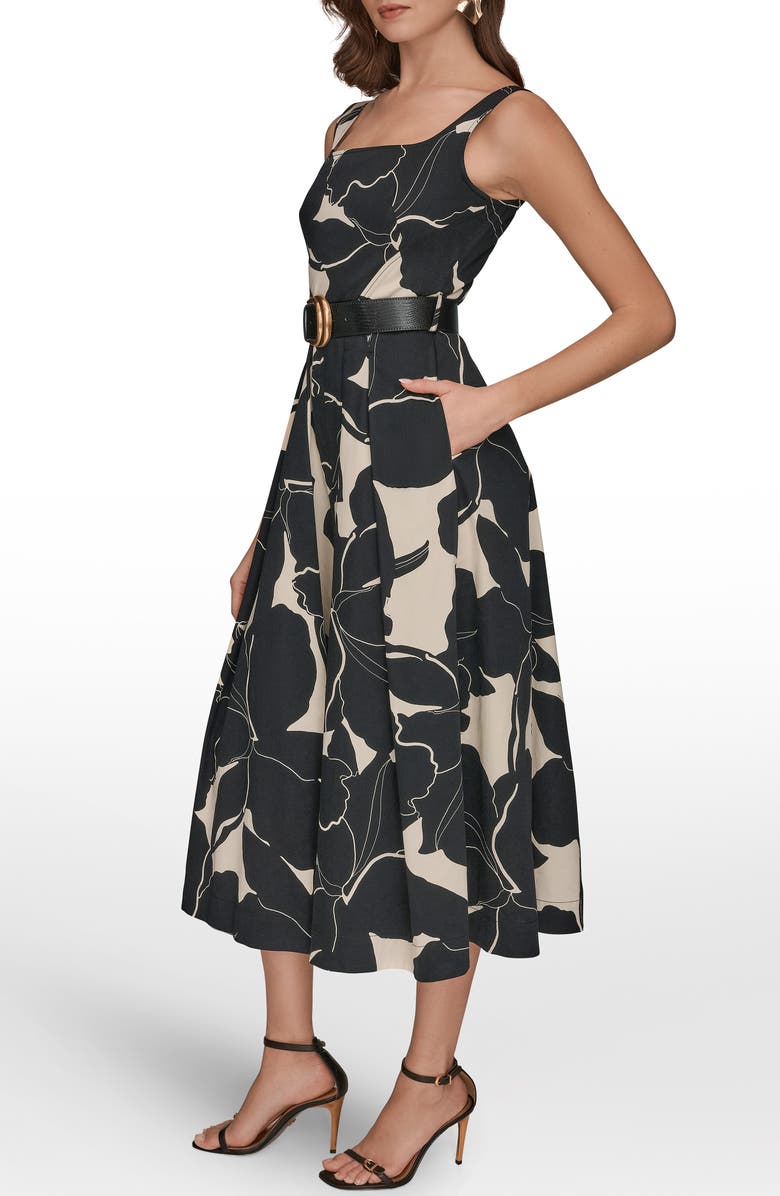 Donna Karan New York Belted Fit & Flare Midi Dress, Alternate, color, Black/ Parchment