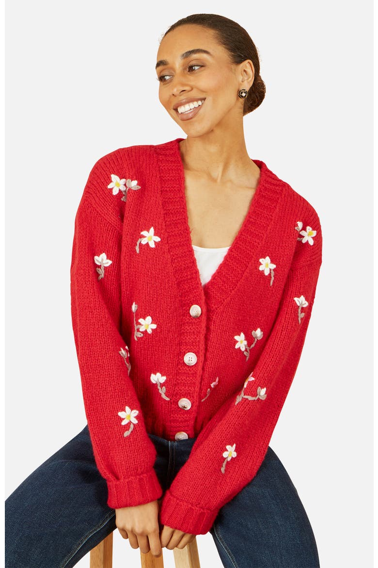 Hand Embroidered Chunky Knitted Cardigan, Main, color, Red