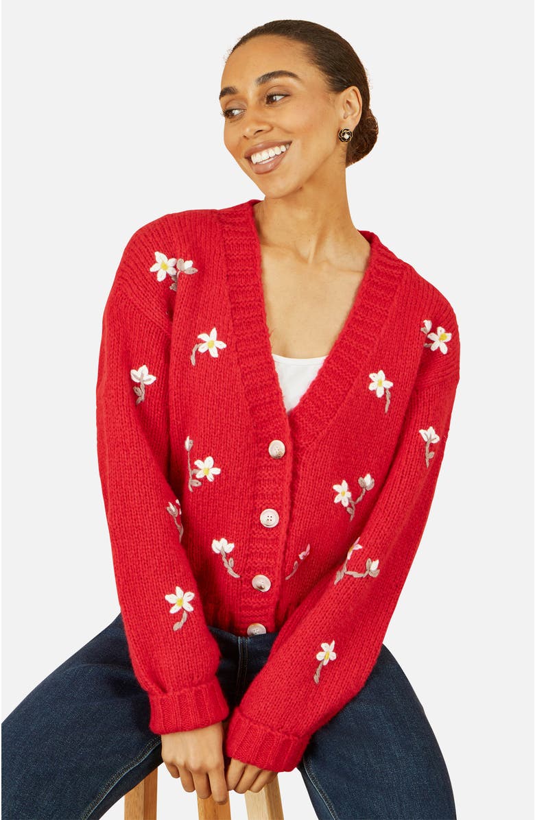 Yumi Hand Embroidered Chunky Knitted Cardigan, Main, color, Red
