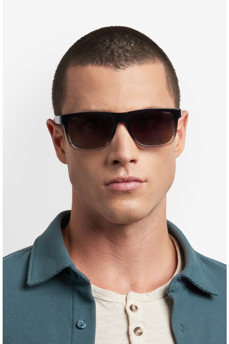 57mm Gradient Polarized Square Sunglasses, Alternate, color, BLACK GREY/ GREY SF POLAR