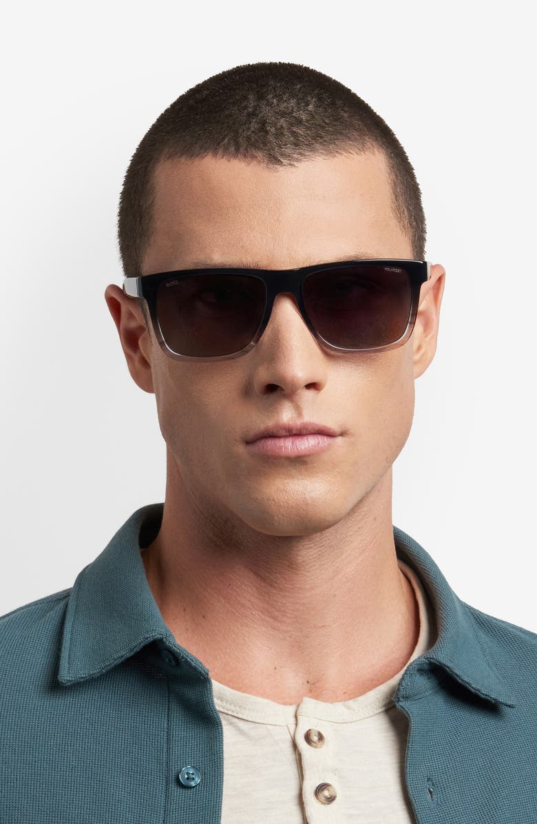 BOSS 57mm Gradient Polarized Square Sunglasses, Alternate, color, Black Grey/ Grey Sf Polar