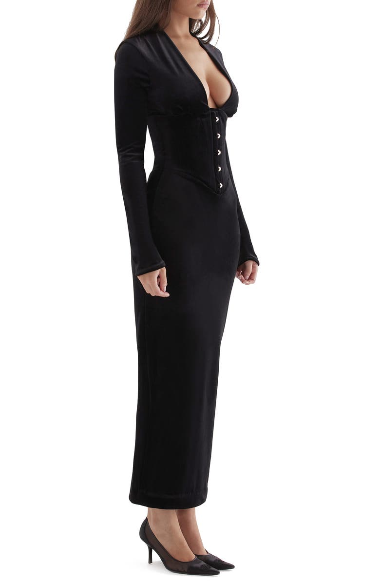 HOUSE OF CB Arabella Plunge Neck Long Sleeve Velvet Corset Dress, Alternate, color, Black