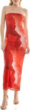 bebe Printed Mesh Strapless Maxi Dress