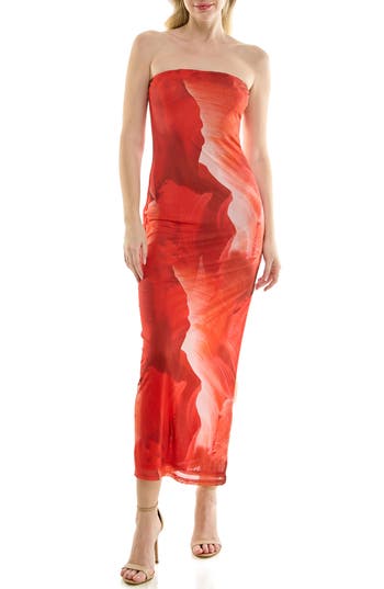 bebe Printed Mesh Strapless Maxi Dress in Red at Nordstrom Rack, Size X-Small