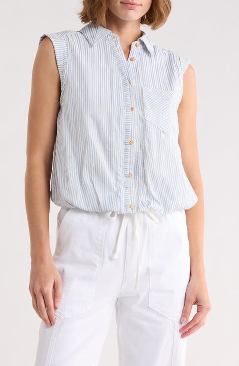 Cap Sleeve Bubble Hem Cotton Seersucker Top