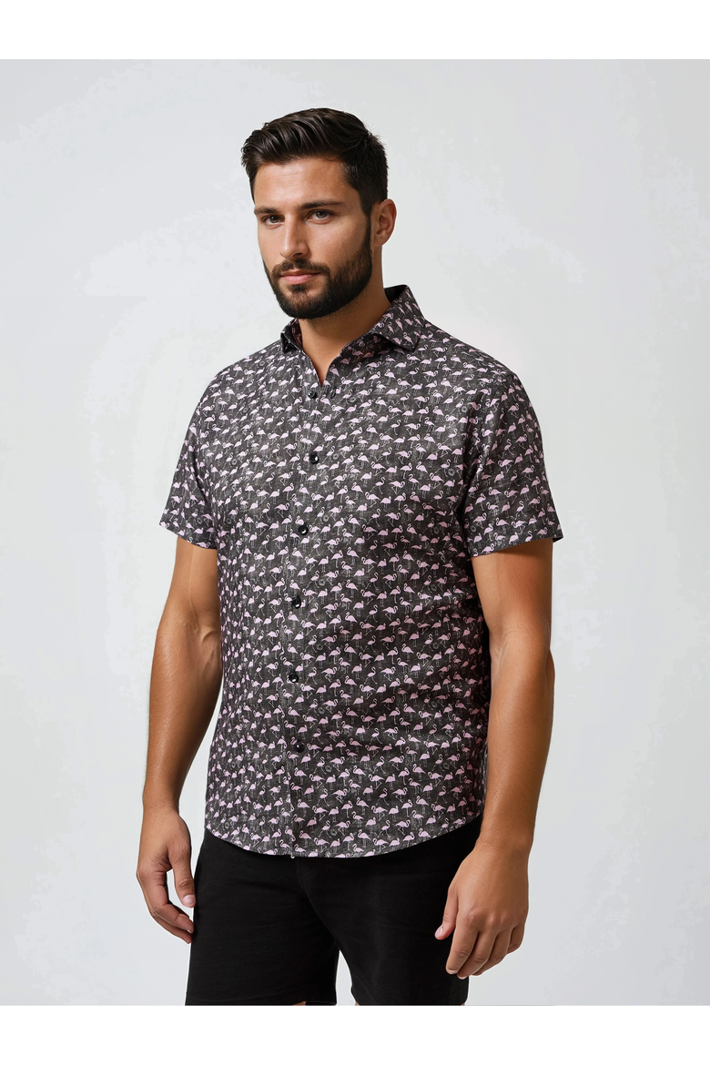 Linen Flamingo Print SS Button-Up Shirt, Main, color, Black