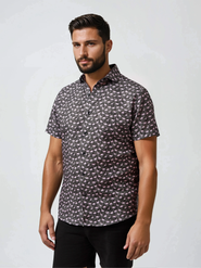 Stone Rose Linen Flamingo Print SS Button-Up Shirt