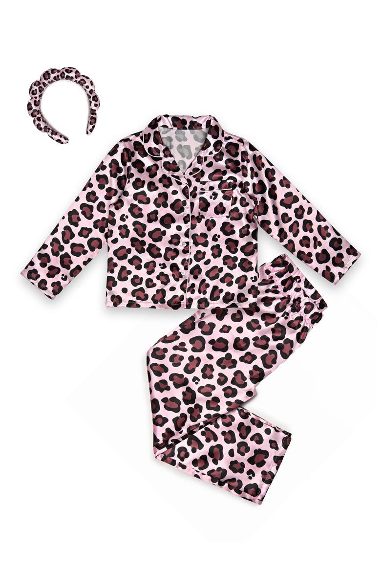 Kids' Leopard Satin Pajamas & Headband Set, Alternate, color, BROWN