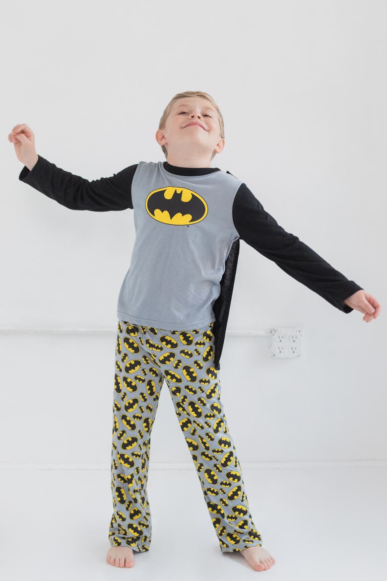 Justice League Batman 3 Piece Pajama Shirt Pants and Cape Set, Alternate, color, Batman Gray Black