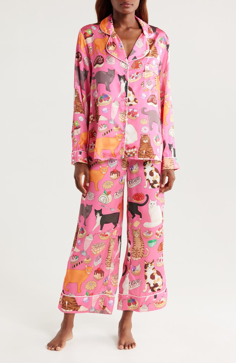 Karen Mabon Cat Café Satin Pajamas, Main, color, 