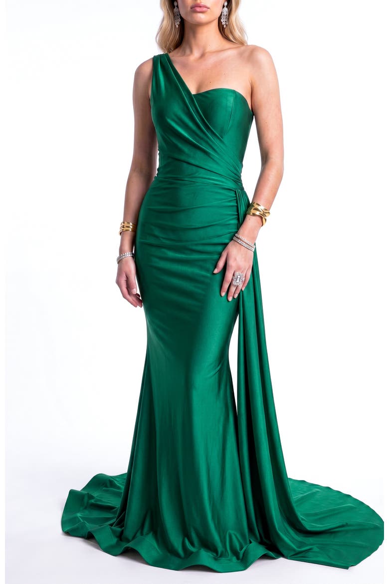One-Shoulder Draped Satin Mermaid Gown With Side Cascade, Main, color, Forest Green