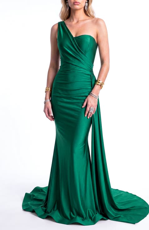 One-Shoulder Draped Satin Mermaid Gown With Side Cascade