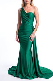 Jessica Angel One-Shoulder Draped Satin Mermaid Gown With Side Cascade