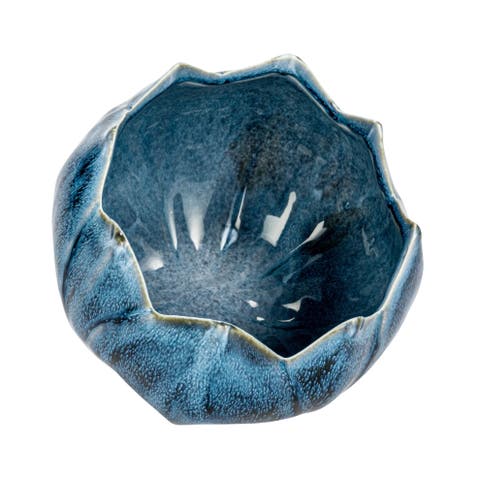 Stoneware Planter With Scalloped Edge And Reactive Glaze, Blue