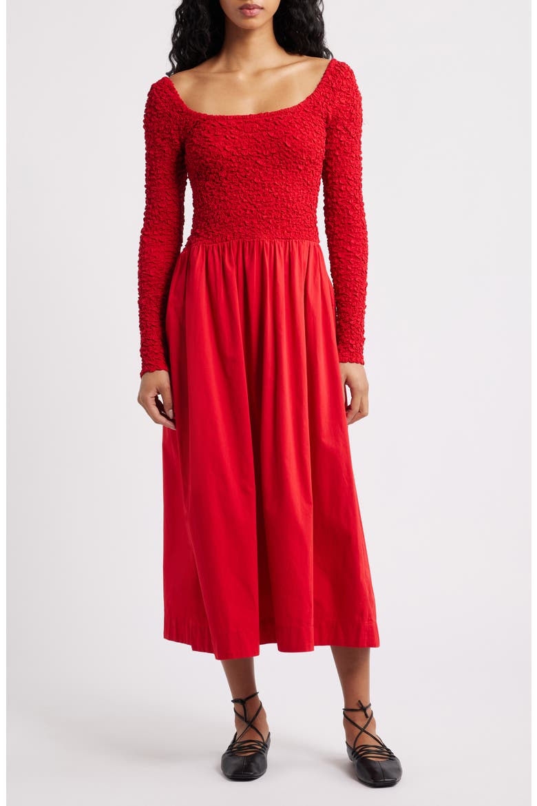 Malinda Smocked Long Sleeve Organic Cotton Maxi Dress, Main, color, RED