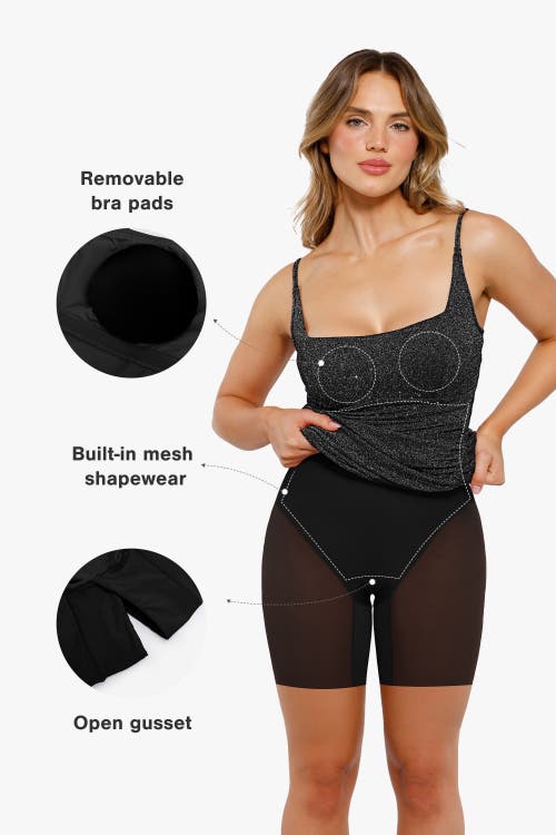 Popilush Shapewear Metallic Knit Bodycon Sculpting Midi Slip Dress In Sparkly Black