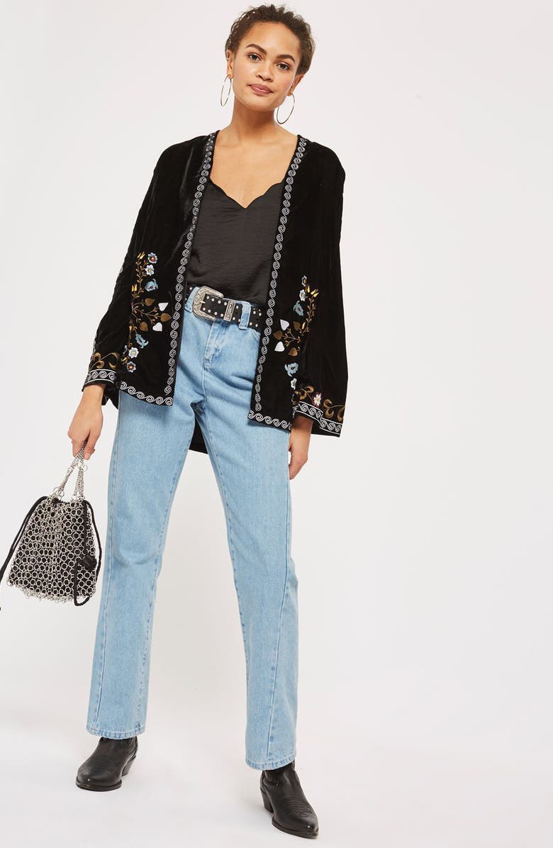 Topshop Embroidered Velvet Short Kimono, Alternate, color,