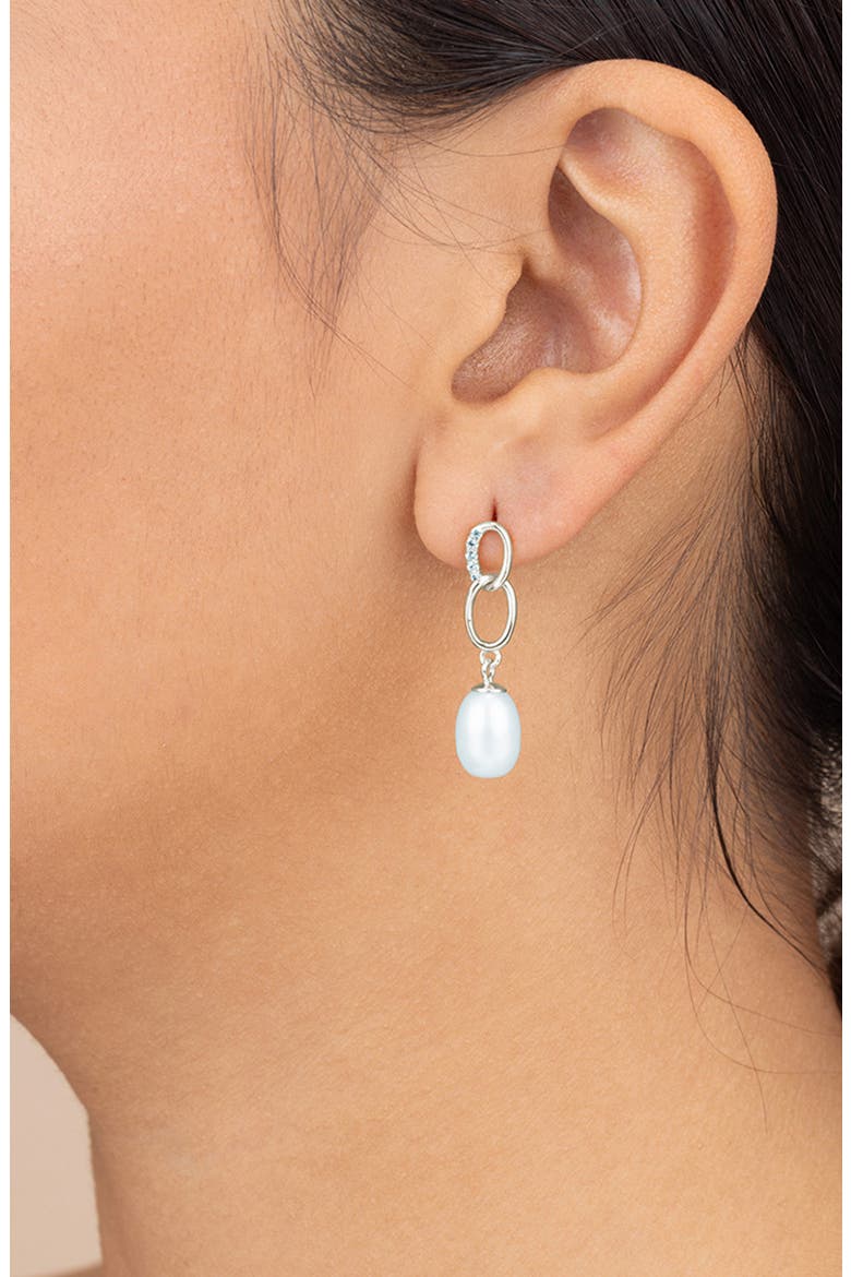 Cubic Zirconia & 5-5.5mm Freshwater Pearl Link Drop Earrings, Alternate, color, SILVER