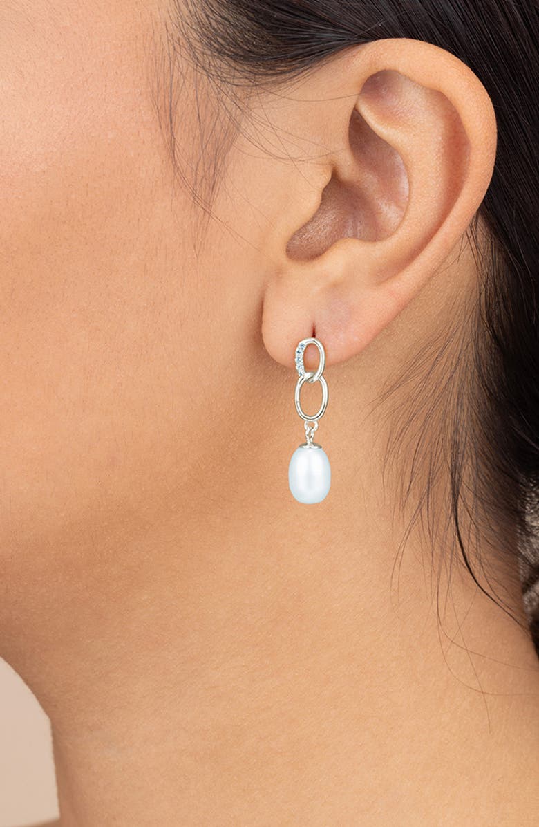 Sterling Forever Cubic Zirconia & 5-5.5mm Freshwater Pearl Link Drop Earrings, Alternate, color, Silver