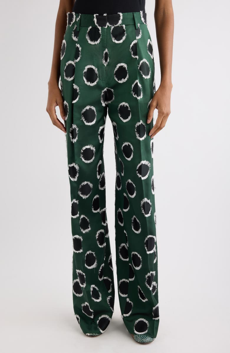 Dries Van Noten Portias Fil Coupé Polka Dot Pleated Satin Straight Leg Pants, Main, color, Dark Green