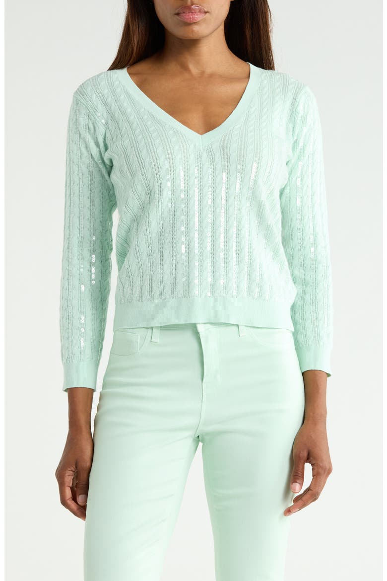 Trinity Sequin Cable V-Neck Pullover, Main, color, PALE JADE