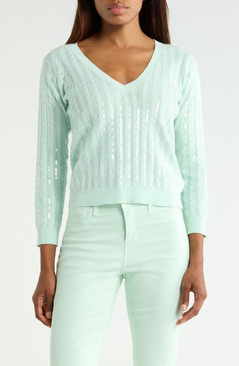 Trinity Sequin Cable V-Neck Pullover