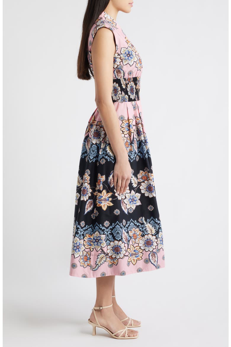 Smocked Waist Stretch Cotton Midi Dress, Alternate, color, PINK MULTI