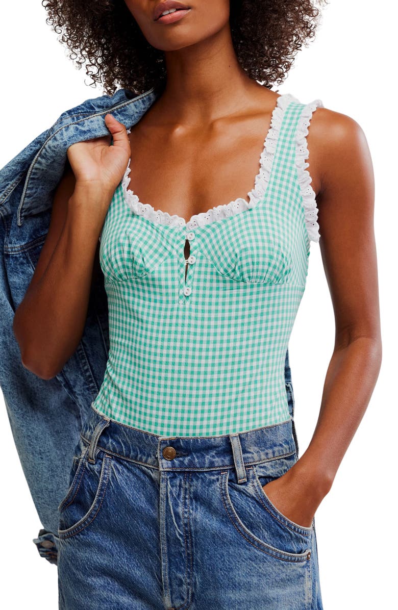 Free People Cassie Gingham Ruffle Bodysuit, Main, color, Green White Combo