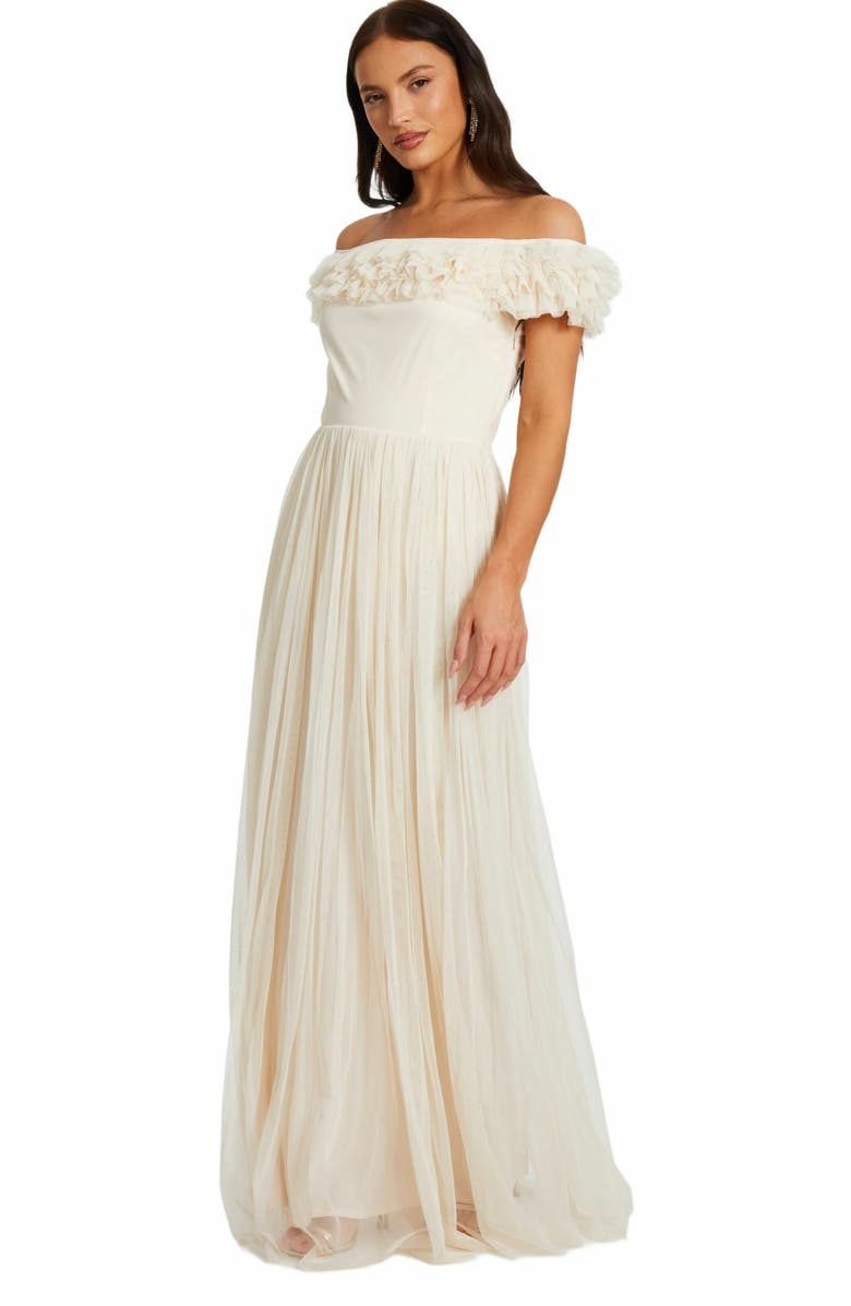 QUIZ Mesh Ruffle Bardot Maxi Dress, Alternate, color, Cream