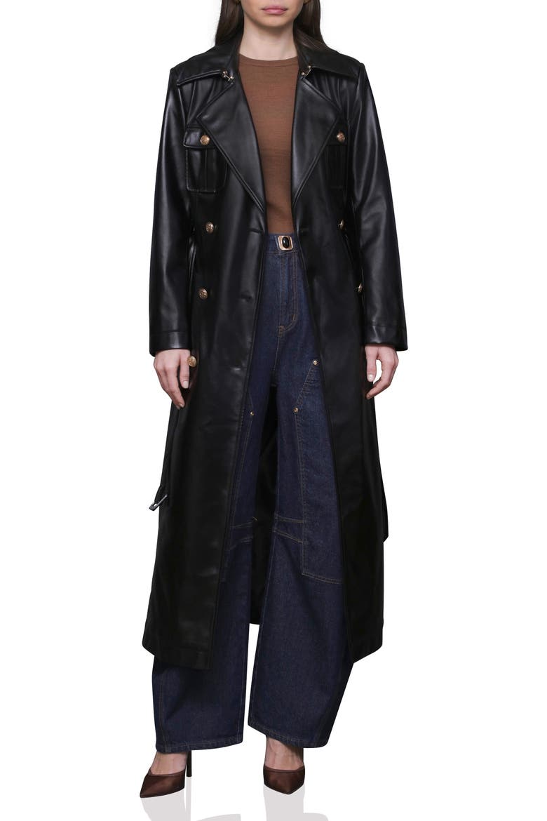 Belted Faux Leather Utility Trench Coat, Main, color, BLACK
