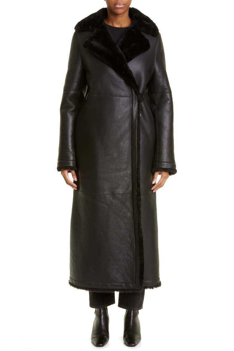 Mary Genuine Shearling Wrap Coat, Main, color, BLACK