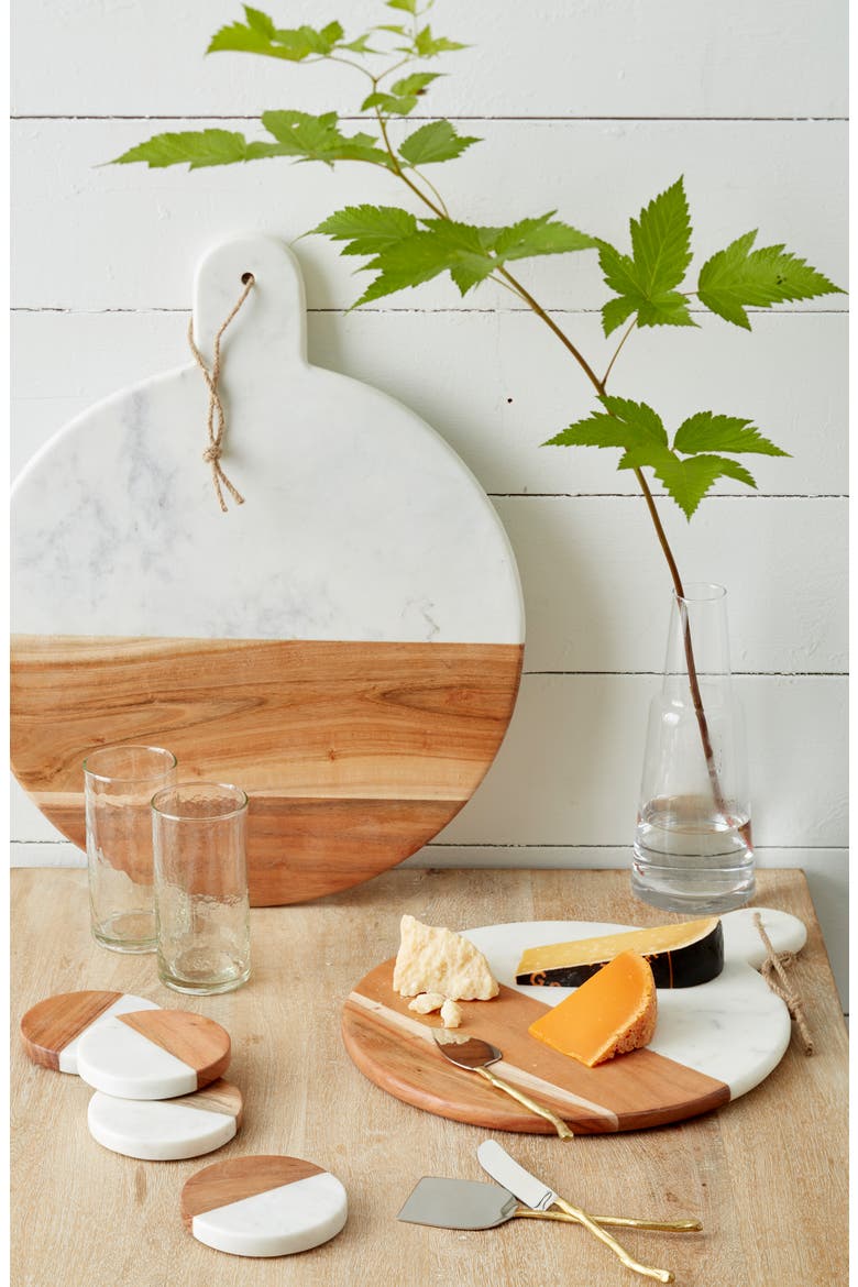 Set of 4 Wood & Marble Coasters, Alternate, color, WHITE MULTI