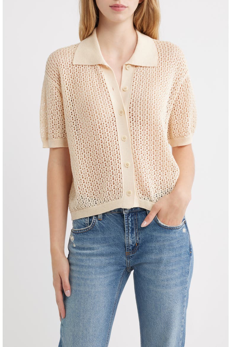 Open Stitch Short Sleeve Cotton Sweater, Main, color, NATURAL