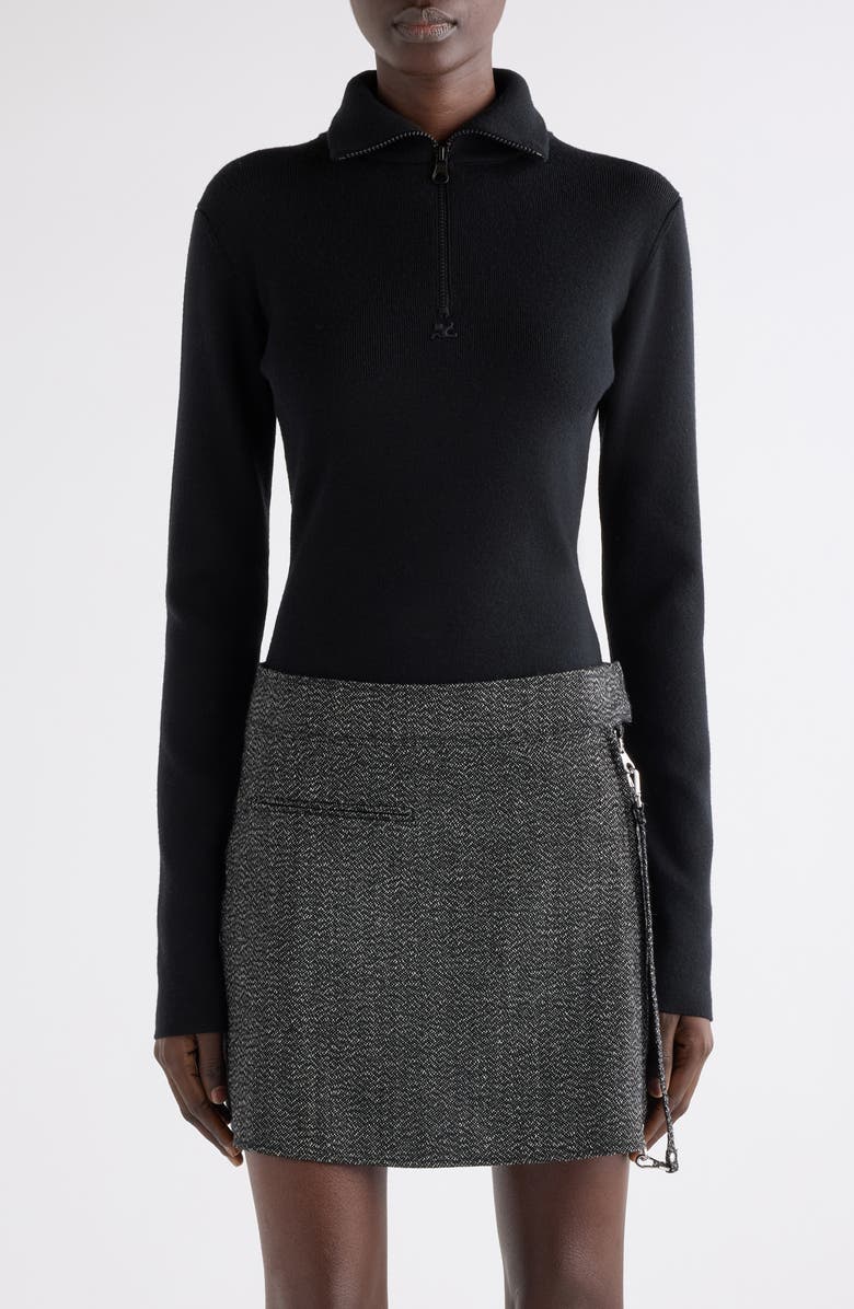 Courrèges Merino Wool Mock Neck Half Zip Sweater, Main, color, Black