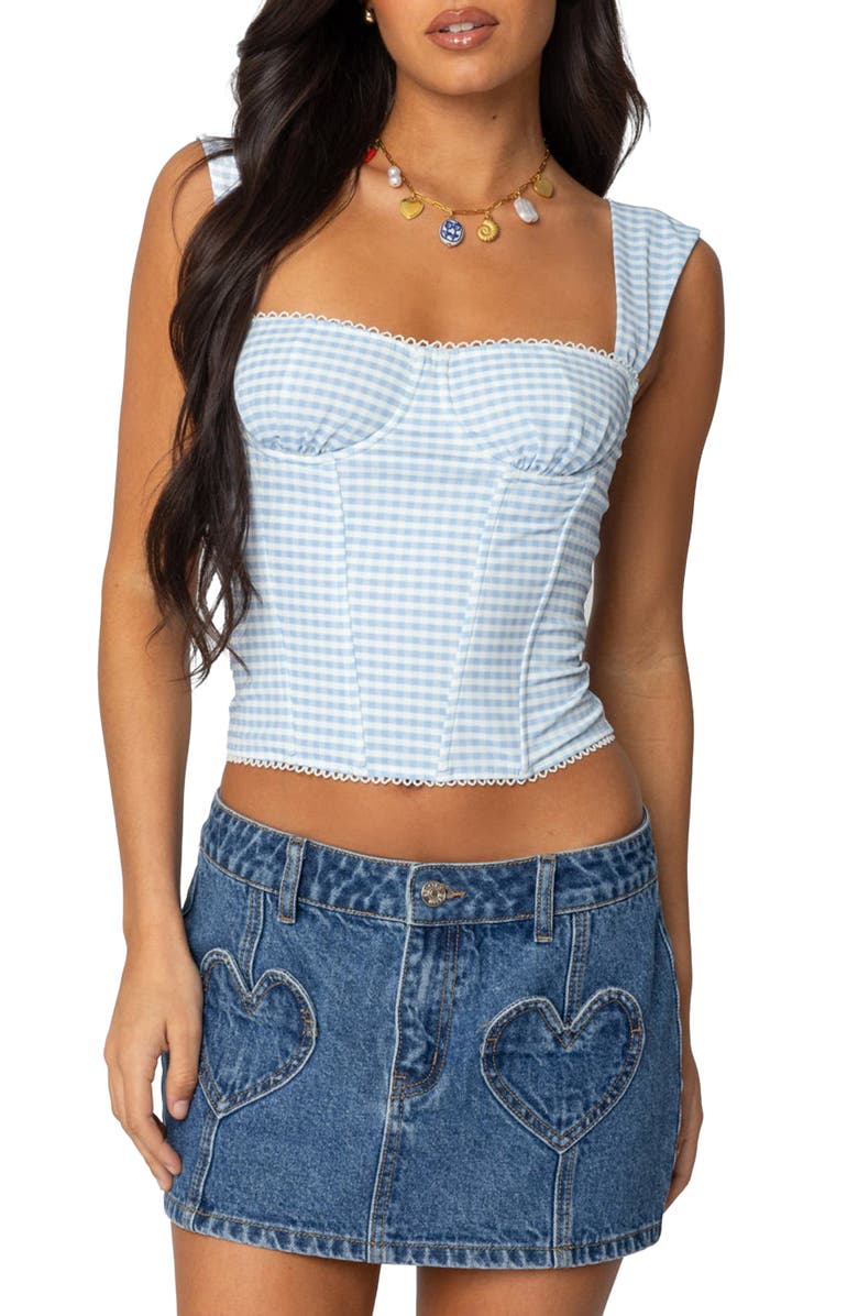 EDIKTED Marcella Gingham Mesh Corset Top, Main, color, Light-Blue
