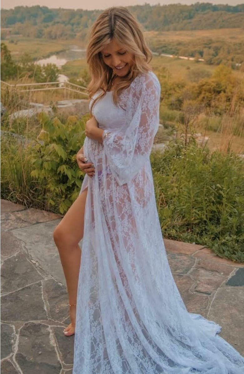 PinkBlush Lace Off Shoulder Maternity Photoshoot Gown/Dress, Alternate, color, White