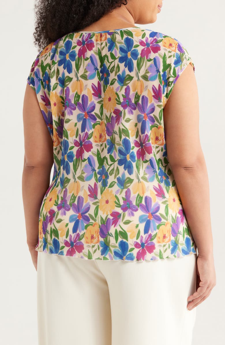 Tahari ASL Floral Plissé Cap Sleeve Top, Alternate, color, Sand Jungle